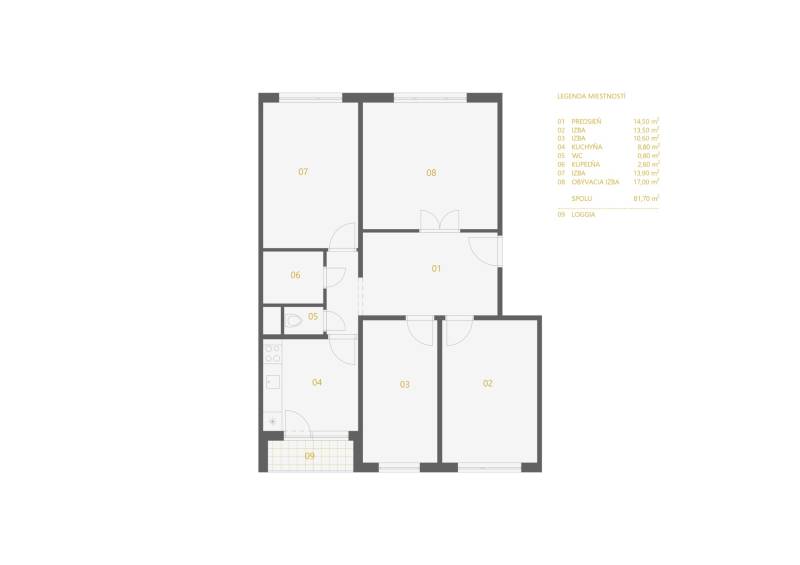 Pôdorys 4-izbového bytu s rozlohou 81,7 m² a loggiou.
