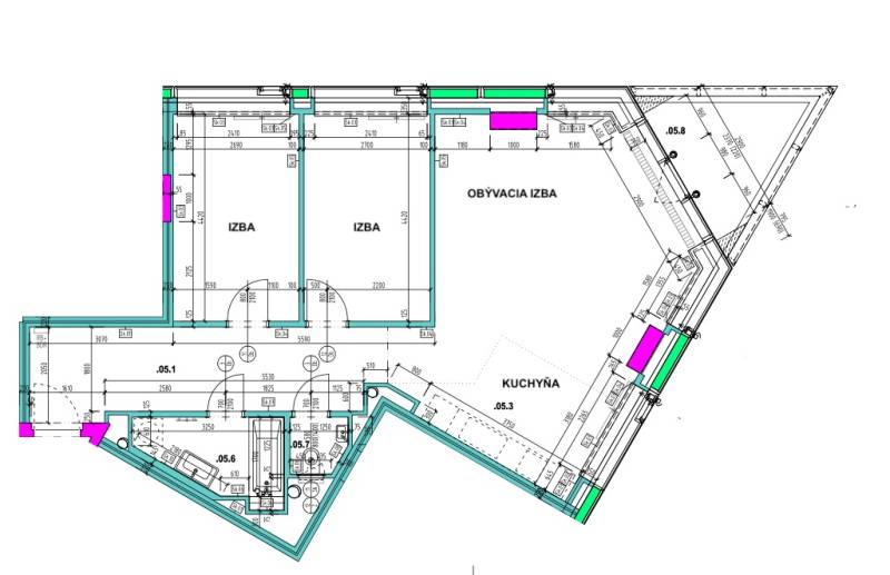 Pôdorys 3-izbového bytu s obývacou izbou a kuchyňou, znázorňuje dispozičné riešenie.