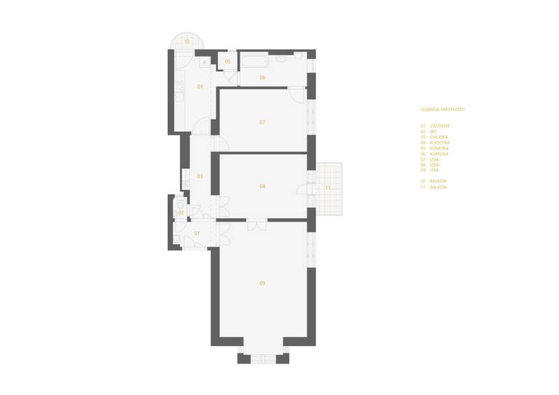 Pôdorys 3-izbového bytu s kuchyňou, kúpeľňou, WC a dvomi balkónmi.