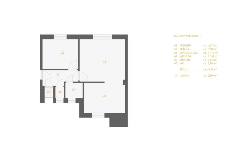Pôdorys 2-izbového bytu s rozlohou 46,82 m² vrátane loggie.