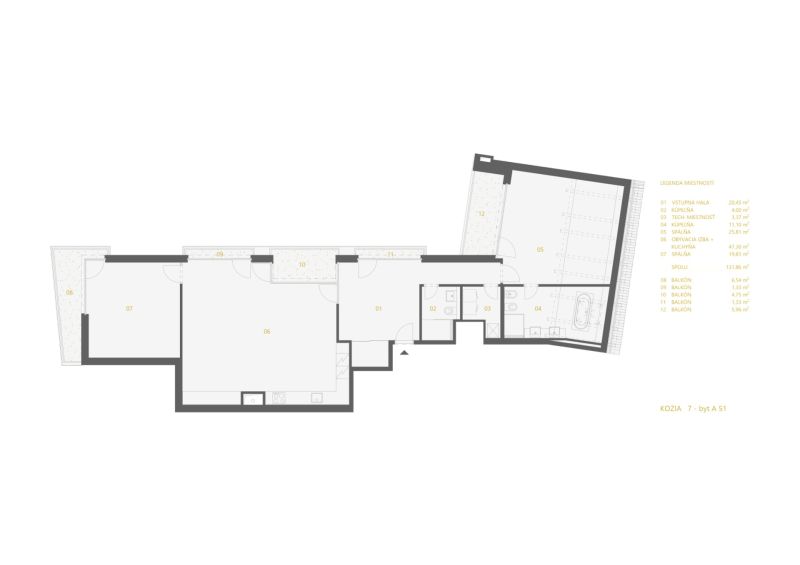 Pôdorys 3-izbového bytu s detailným popisom miestností a balkónov.